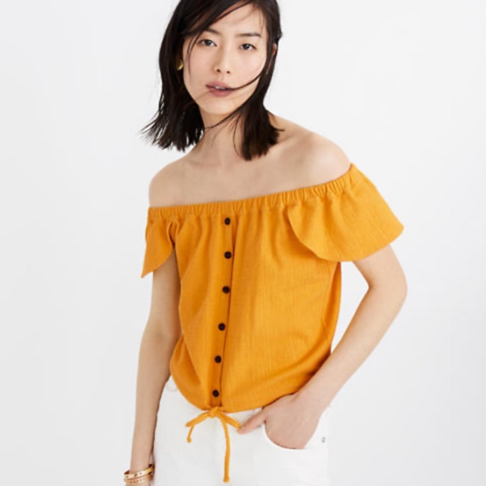 Madewell Off Shoulder Top Button Tie Waist Cotton Knit Texture Large Yellow Gold